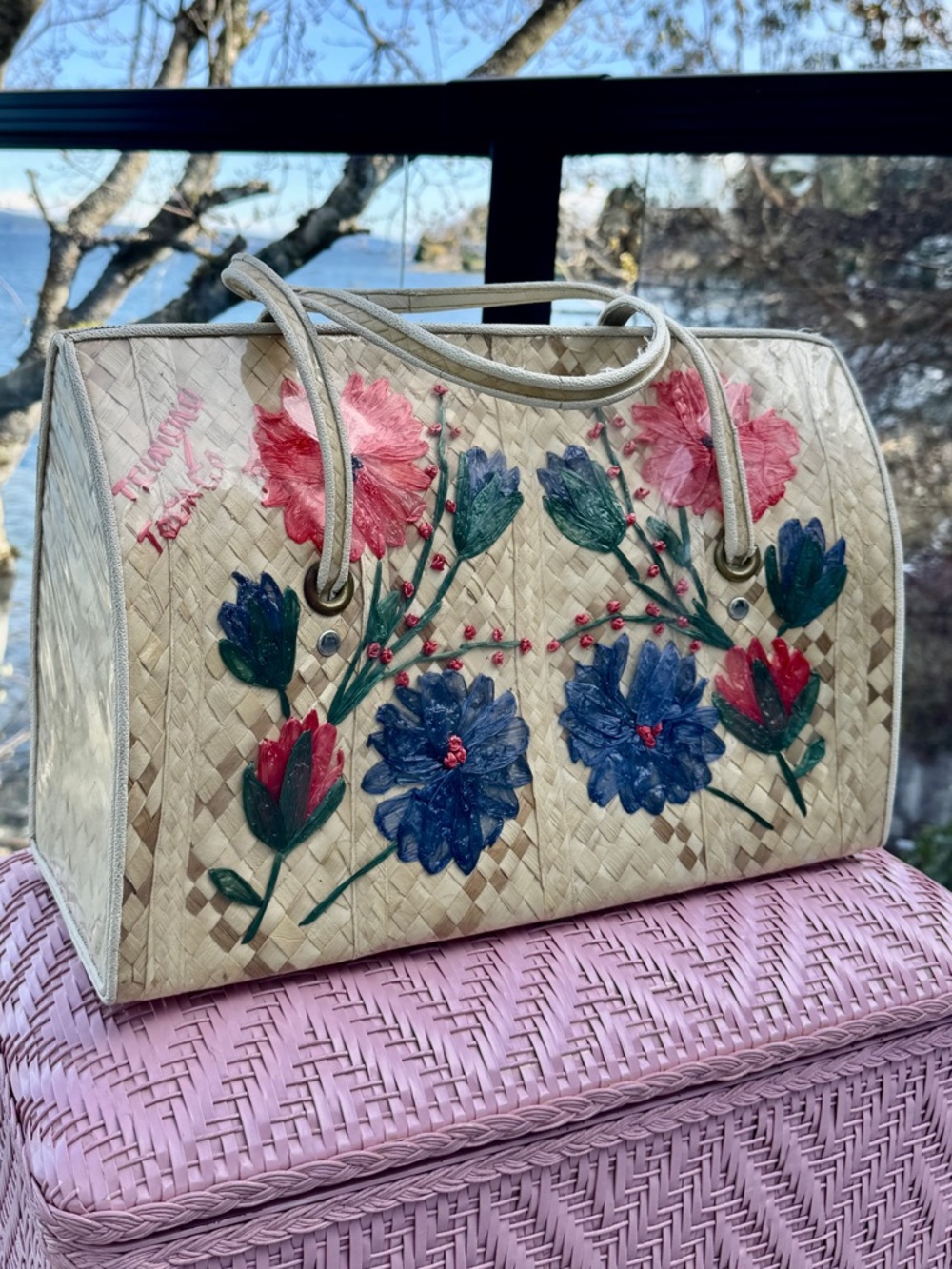 Vintage 50s/60s Woven Straw Floral Trinidad & Tobago Large Tote Travel Bag